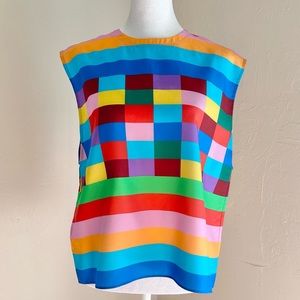 Valentino 1973 Panama Check Silk Tank Rainbow Geometric Print Size 6 US
